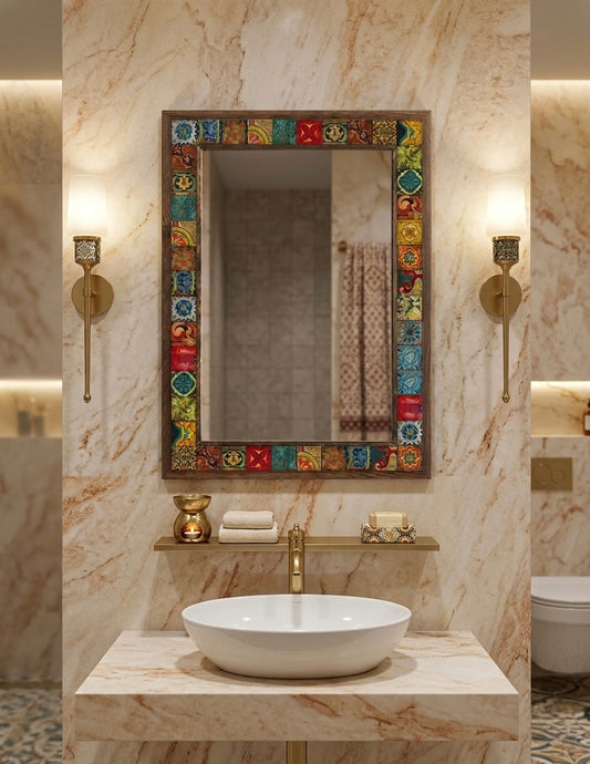 WOODEN FRAMED MOROCCO DESIGN NATURAL STONE MIRROR / AYN-015