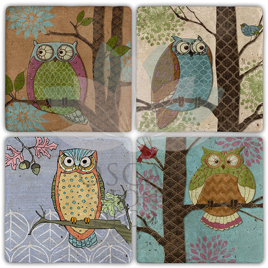 OWLS ON THE TREE 4-Piece NATURAL STONE COASTERS / BA369 (COASTER)