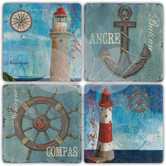 ANCRE COMPAS 4-Piece NATURAL STONE COASTERS / BA490 (COASTER)