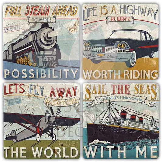 ANTIQUE VEHICLES 4-Piece NATURAL STONE COASTERS / BA299 (COASTER)
