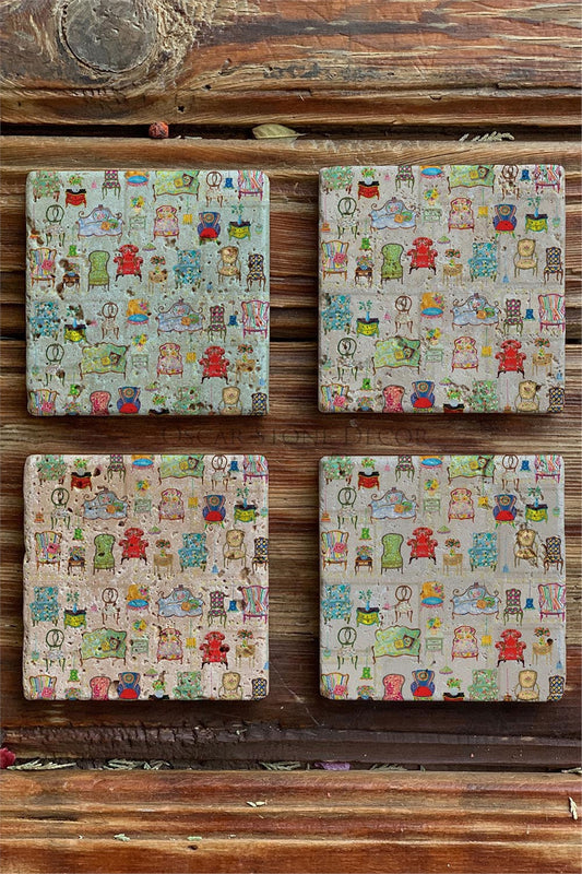 Printed Natural Stone Coasters Set of 4 Pattern Tile