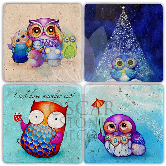 OWL FAMILY 4-Piece NATURAL STONE COASTERS / BA377 (COASTER)
