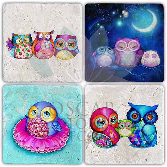 STATE OF THE OWL 4-Piece NATURAL STONE COASTERS / BA407 (COASTER)