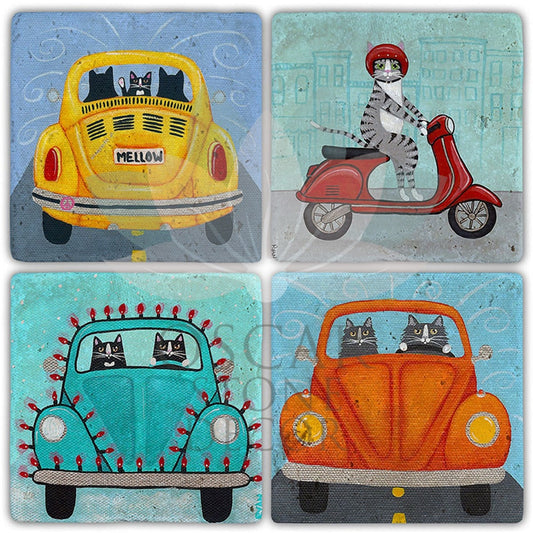 CAT DRIVER 4-Piece NATURAL STONE COASTERS / BA464 (COASTER)