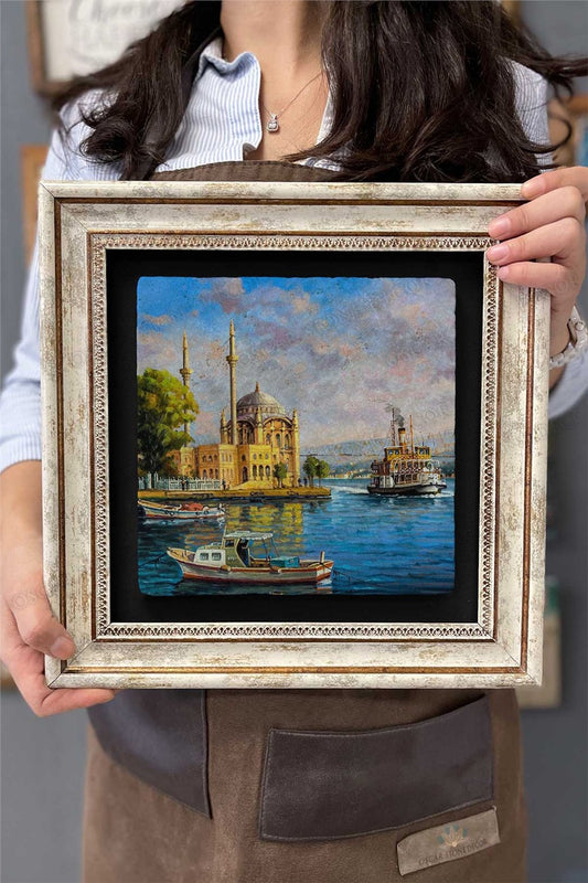 Framed Painting Stone Wall Decor 12" x 12" Ortaköy Mosque Drawing Oil Painting