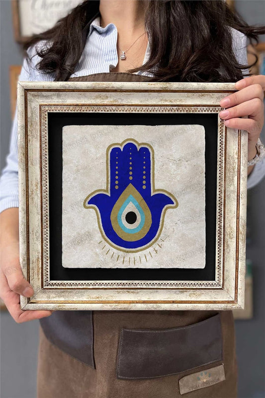 Framed Painting Stone Wall Decoration 12" x 12" Evil Eye Bead Fatma Mother Hand Painting
