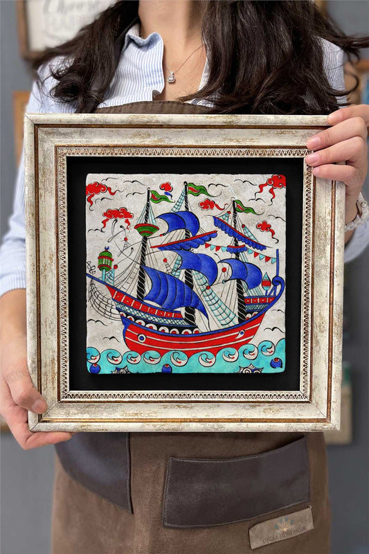 Framed Painting Stone Wall Decor 12" x 12" Tile Ceramic Vessel