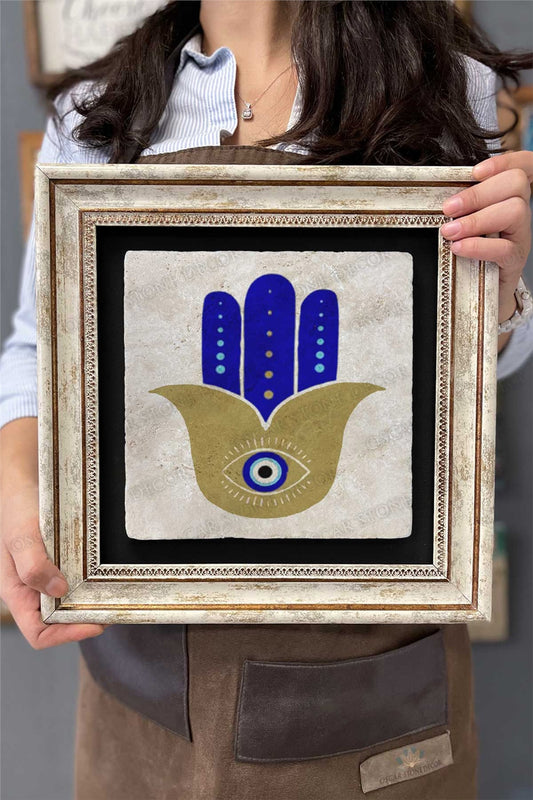 Framed Painting Stone Wall Decoration 12" x 12" Evil Eye Bead Fatma Mother Hand Painting