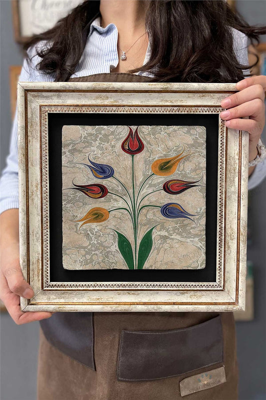 Framed Painting Stone Wall Decor 12" x 12" Marbled Colorful Flowers Marble Painting