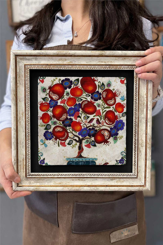 Framed Painting Stone Wall Decor 12" x 12" Pomegranate Tree / Abundance Representation