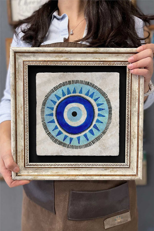 Framed Painting Stone Wall Decor 12" x 12" Evil Eye Beads Painting