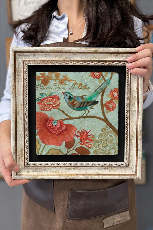 Framed Painting Stone Wall Decor 12" x 12" Bird Painting