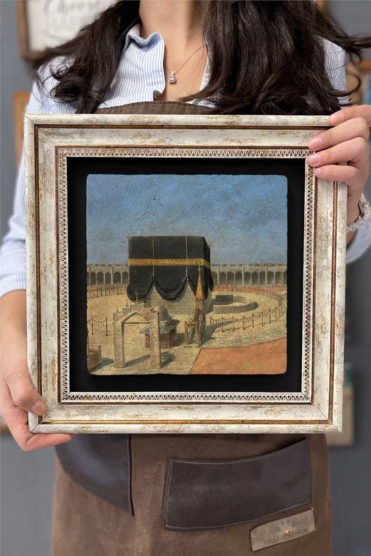 Framed Painting Stone Wall Decor 12" x 12" Old Kaaba Drawing