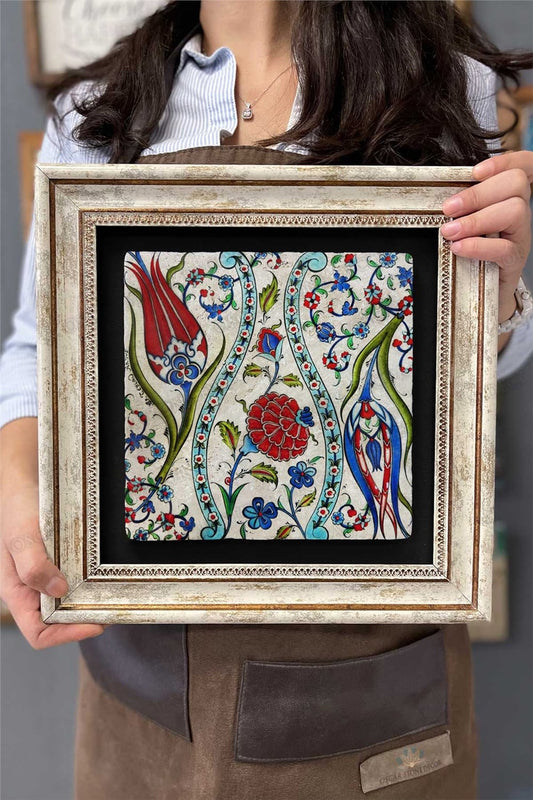 Framed Painting Stone Wall Decor 12" x 12" Tile Ceramic Tulip Patterned Marble