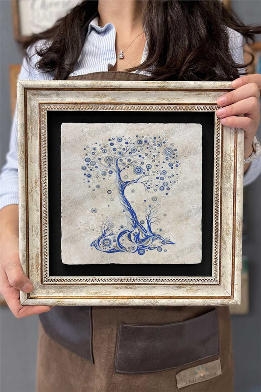 Framed Painting Stone Wall Decor 12" x 12" Tree with Evil Eye Beads
