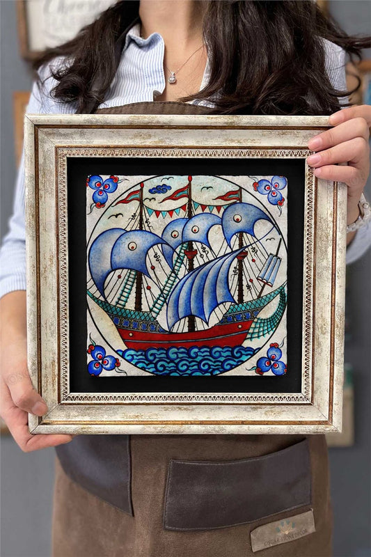 Framed Painting Stone Wall Decor 12" x 12" Tile Ceramic Painting with Ship Figure