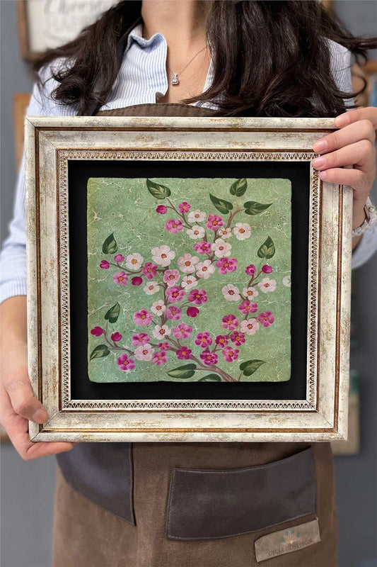 Framed Painting Stone Wall Decor 12" x 12" Marbled Flowers Painting