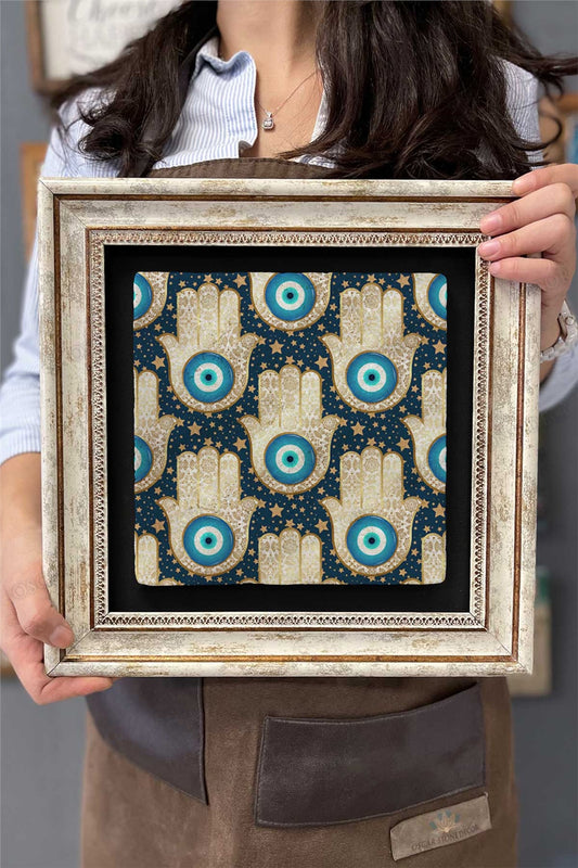 Framed Painting Stone Wall Decor 12" x 12" Fatima Mother's Hand and Evil Eye Bead