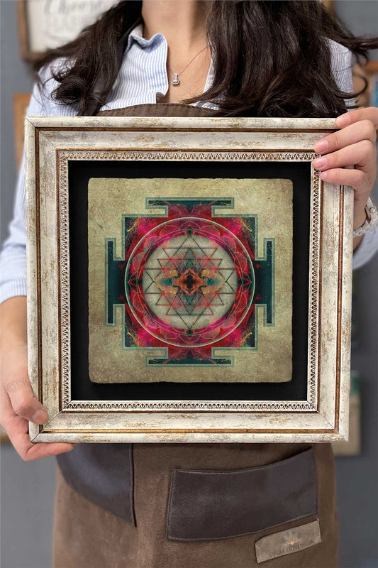 Framed Painting Stone Wall Decor 12" x 12" Lotus Sri Yantra Flower of Life