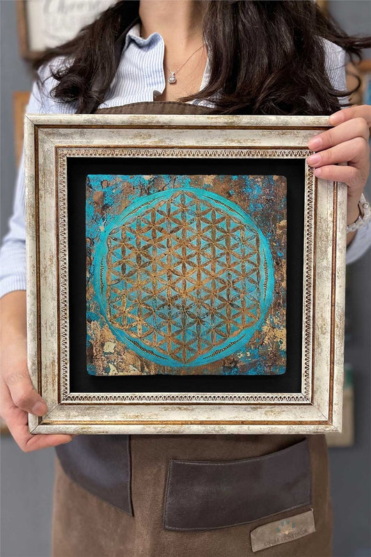 Framed Painting Stone Wall Decor 12" x 12" Flower of Life Painting