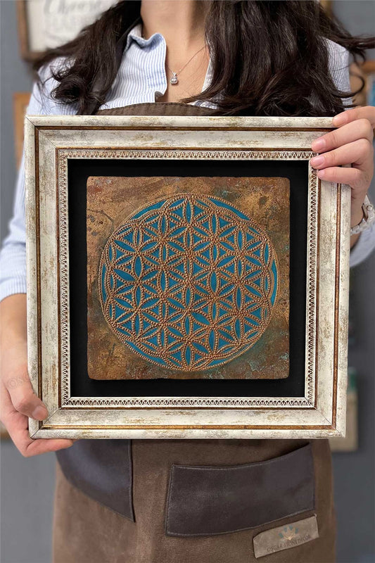 Framed Painting Stone Wall Decor 12" x 12" Lotus Flower of Life Sri Yantra
