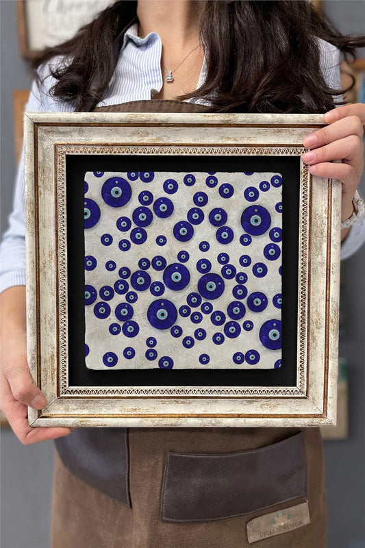 Framed Painting Stone Wall Decor 12" x 12" Evil Eye Beads
