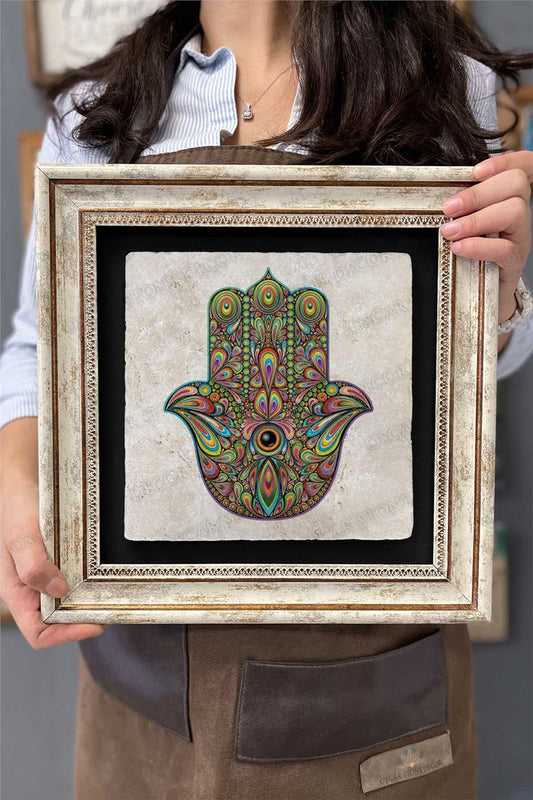 Framed Painting Stone Wall Decor 12" x 12" Fatma Ana Hand Colorful Design