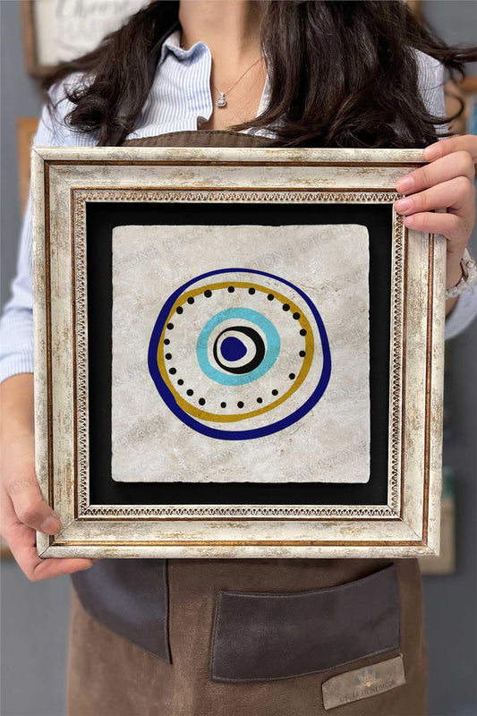 Framed Painting Stone Wall Decor 12" x 12" Evil Eye Beads Painting