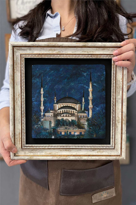 Framed Painting Stone Wall Decor 12" x 12" Mosque Drawing