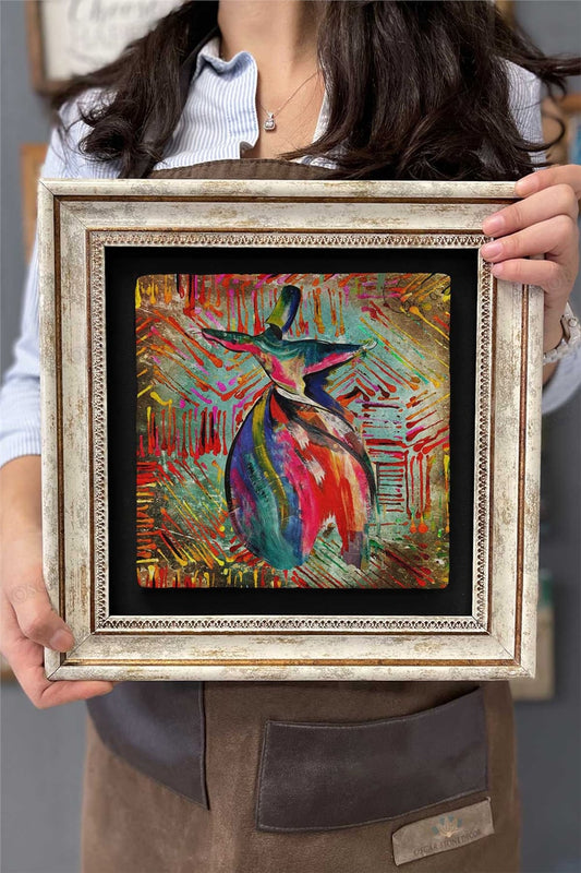 Framed Painting Stone Wall Decor 12" x 12" Colorful Whirling Dervish Painting
