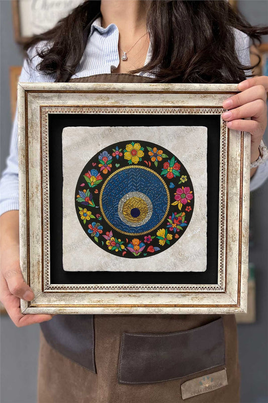 Framed Painting Stone Wall Decoration 12" x 12" Flowered Evil Eye Bead