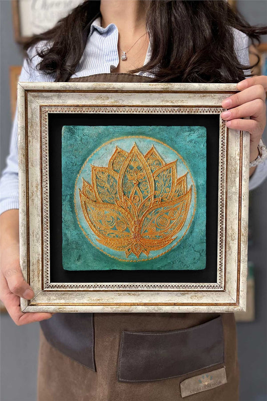 Framed Painting Stone Wall Decor 12" x 12" Lotus Painting