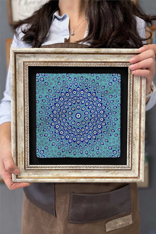 Framed Painting Stone Wall Decor 12" x 12" Evil Eye Beads