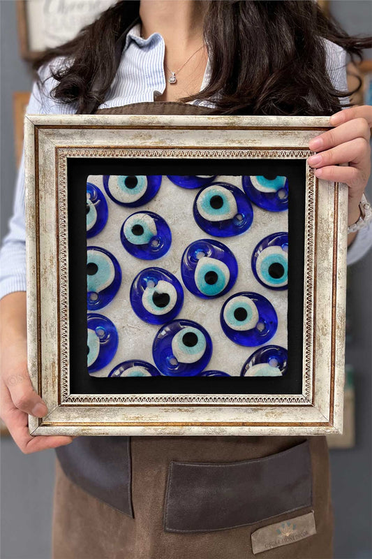 Framed Painting Stone Wall Decor 12" x 12" Evil Eye Beads