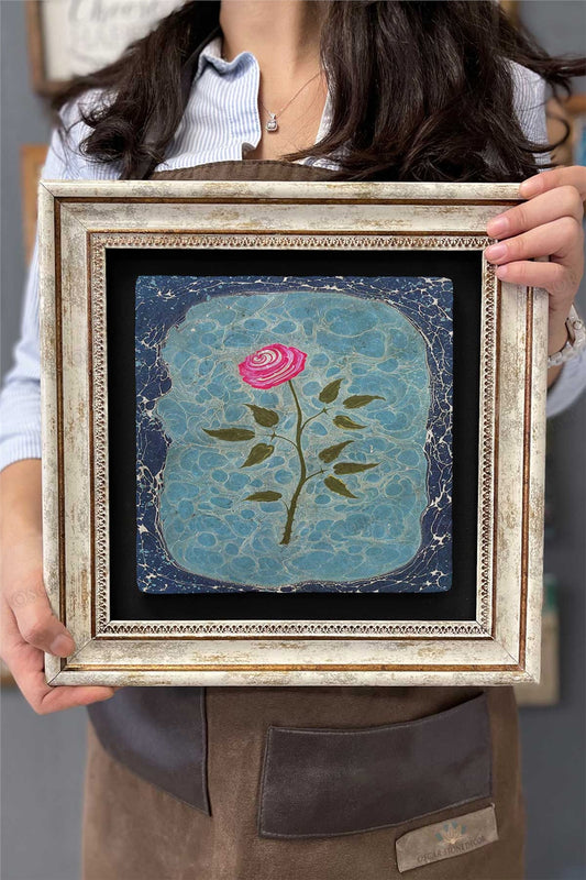 Framed Painting Stone Wall Decoration 12" x 12" Marbled Rose Painting