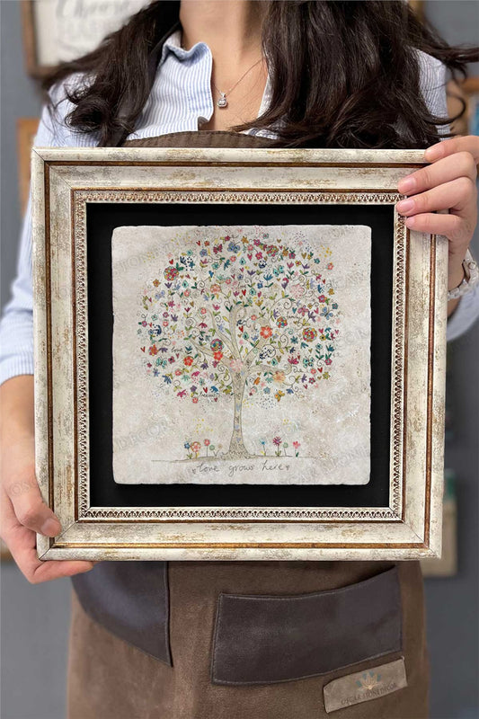 Framed Painting Stone Wall Decor 12" x 12" Butterfly and Flower Tree