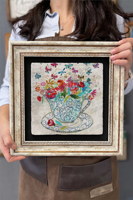 Framed Painting Stone Wall Decor 12" x 12" Butterfly and Flowers in a Cup