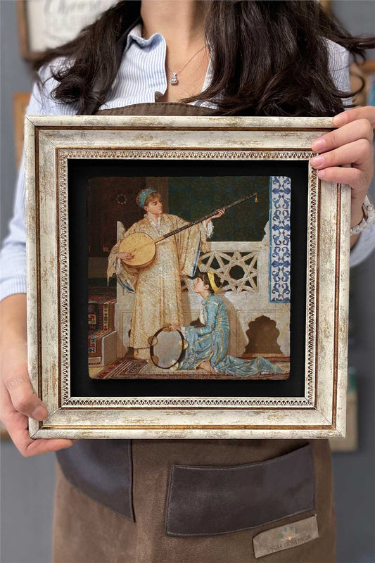 Framed Painting Stone Wall Decor 12" x 12" Osman Hamdi Musical Player Girls