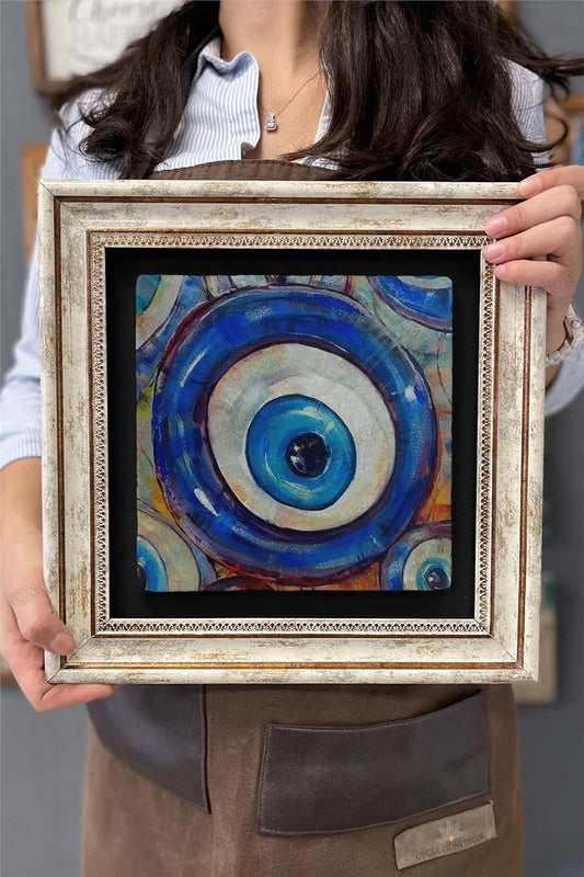 Framed Painting Stone Wall Decor 12" x 12" Evil Eye Bead Painting
