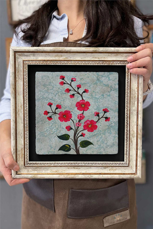 Framed Painting Stone Wall Decor 12" x 12" Marbled Flowers Painting