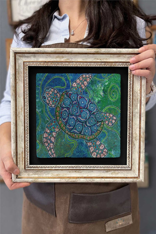 Framed Painting Stone Wall Decor 12" x 12" Water Turtle Ceramic