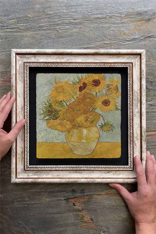 Framed Painting Stone Wall Decor 12" x 12" Van Gogh Sunflowers in Pots