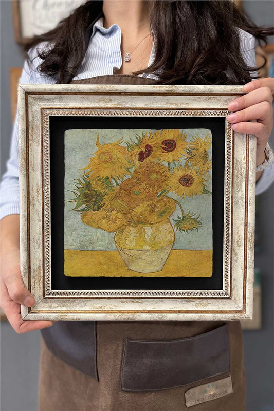 Framed Painting Stone Wall Decor 12" x 12" Van Gogh Sunflowers in Pots