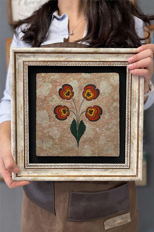 Framed Painting Stone Wall Decor 12" x 12" Ebruli Flower Design Painting