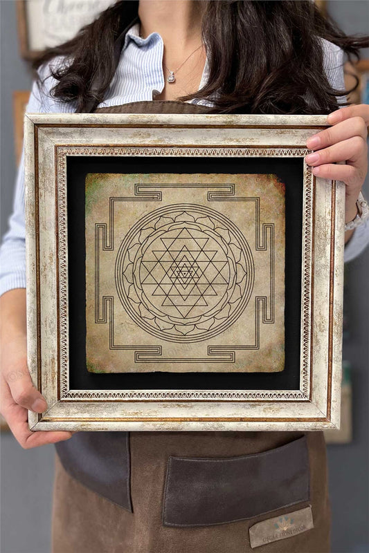Framed Painting Stone Wall Decor 12" x 12" Lotus Flower of Life Sri Yantra