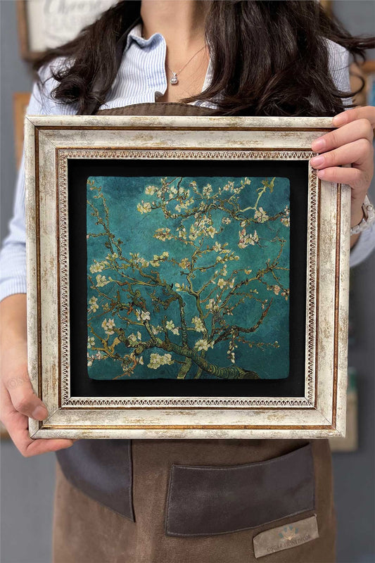 Framed Painting Stone Wall Decor 12" x 12" Almond Flowers Painting