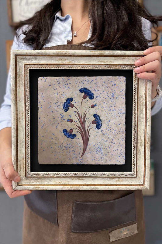 Framed Painting Stone Wall Decor 12" x 12" Ebruli Flower Design Painting