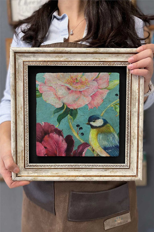 Framed Painting Stone Wall Decor 12" x 12" Bird Painting