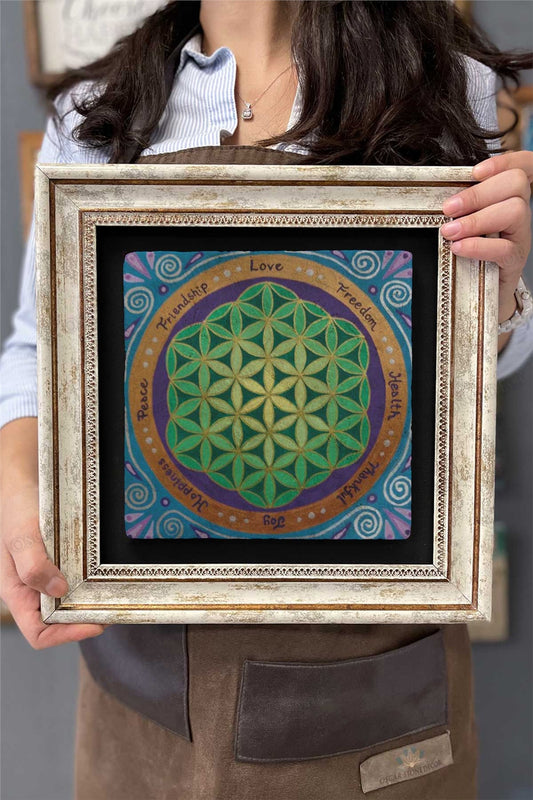 Framed Painting Stone Wall Decor 12" x 12" Lotus Flower of Life Sri Yantra