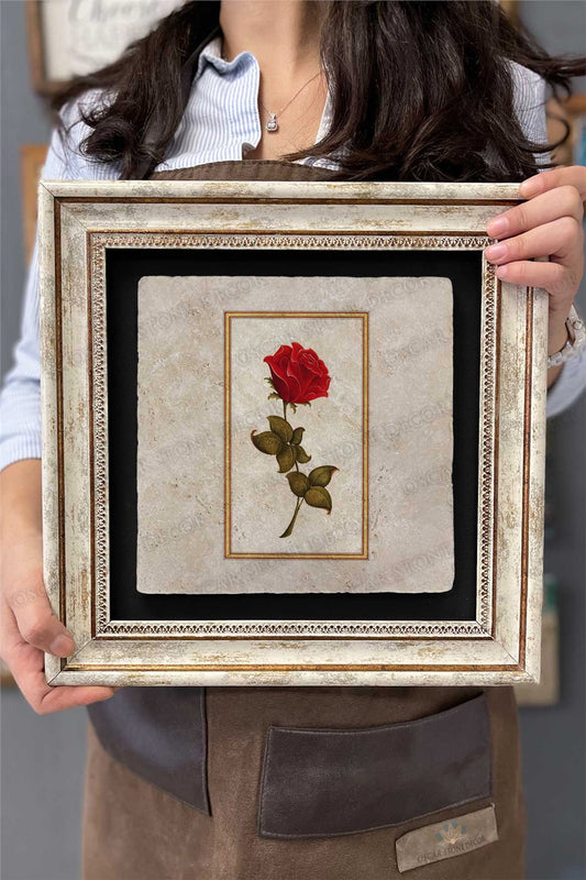 Framed Painting Stone Wall Decor 12" x 12" Single Rose Painting